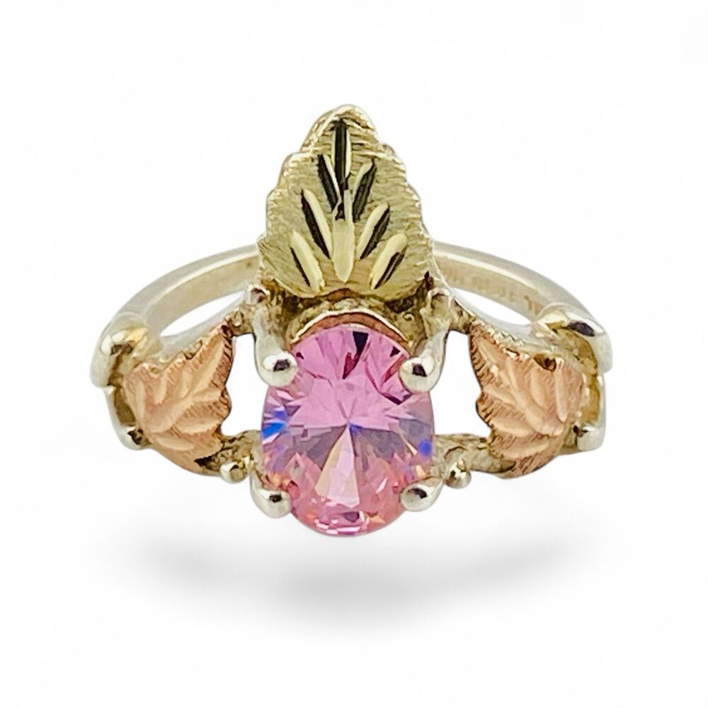 Vintage Black Hills Gold Ring Pink CZ Crown Setting 12k Leaves Sterling Silver